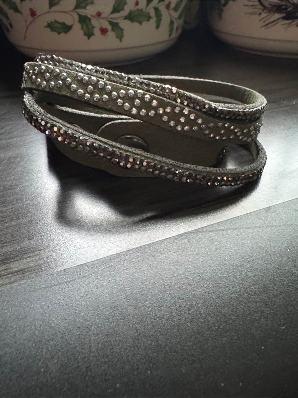 Embellished Wrap Bracelet in Gunmetal Gray and olive green